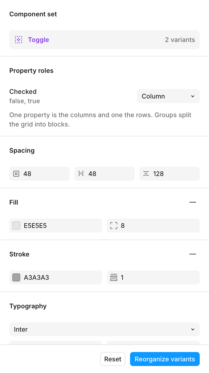 Panel de Sort your variants con una propiedad