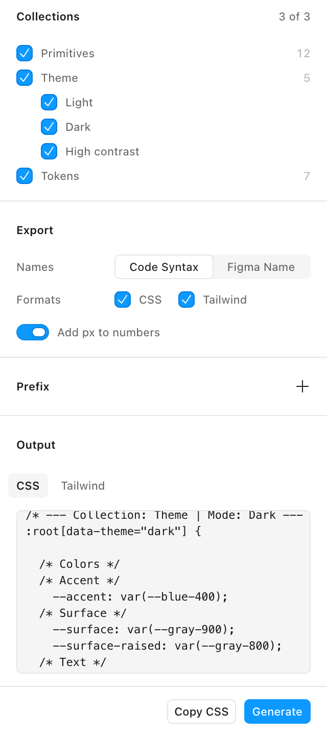 CSS generado por Tokens to Code